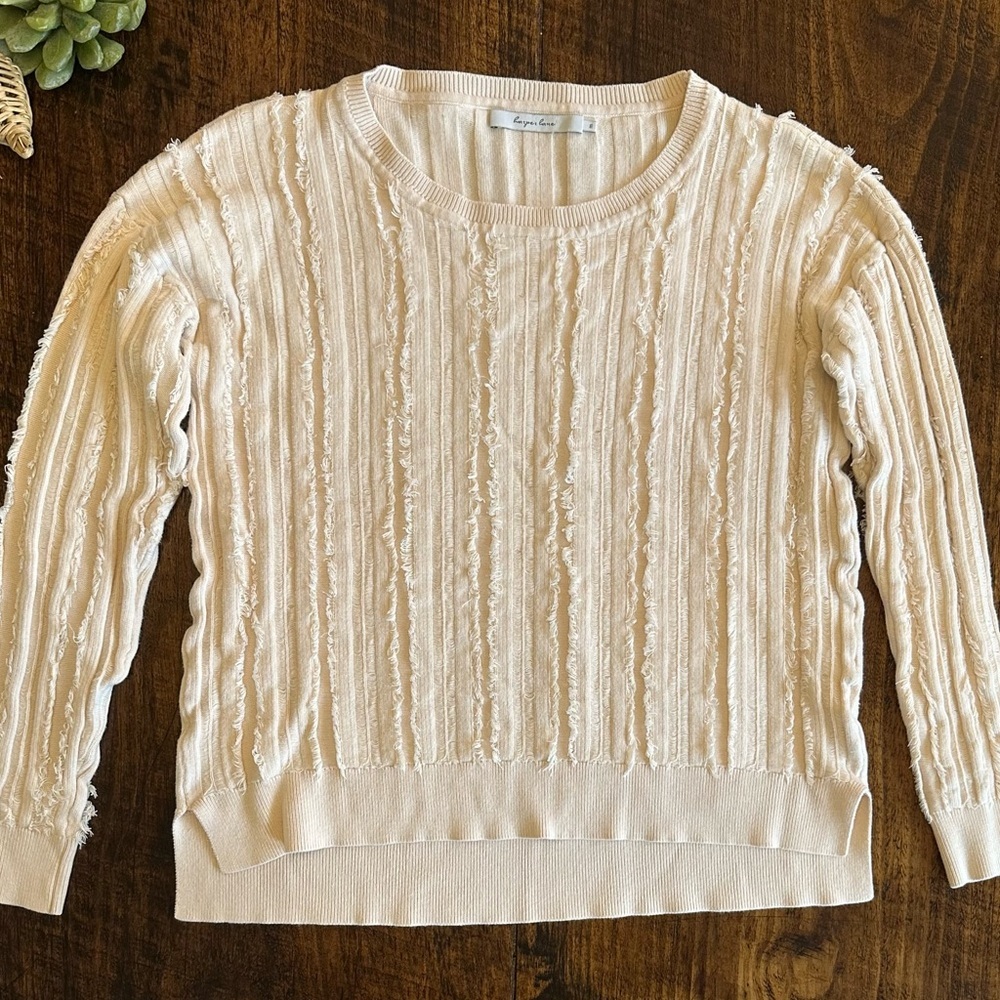 Harper Lane | Cotton Blend Crewneck Ribbed Textured Fringe Sweater, Size M